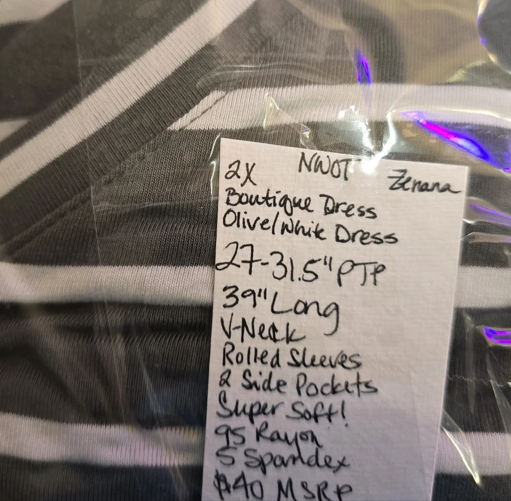 2X NEW Boutique ZENANA Olive/Wht Striped Dress VNeck 27-31.5"Ptp 39"Long 2 Pckts - Picture 11 of 11